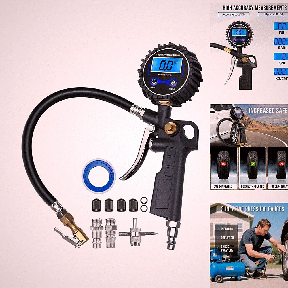3-in-1 Digital Tire Inflator Gauge 250 PSI Air Compressor Chuck Attachment RV