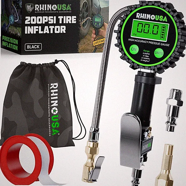 Digital Tire Pressure Gauge with Inflator 0-200 PSI Stainless Braided Hose
